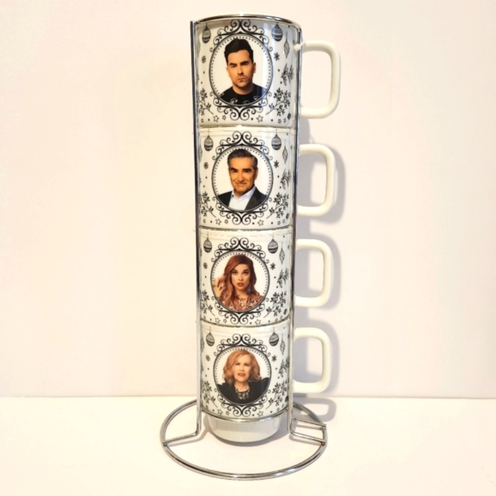 Schitts Creek Christmas Mugs Stacking Set of 4 Brand New w/ Chrome Stand - Cups